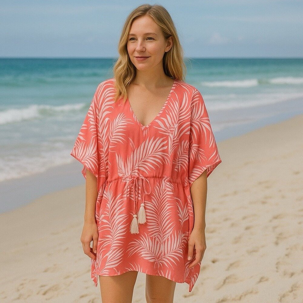 Cleobella Dreamy Sunset Palm Print Coral Color Cover Up Resort Coastal Travel OS